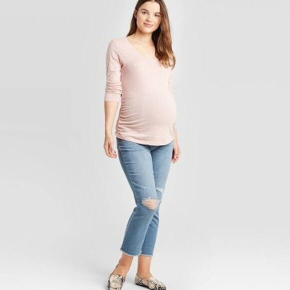 Isabel Maternity Over Belly Cropped Distressed Straight Maternity Jeans 2 - Picture 1 of 8